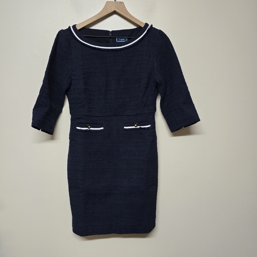 J.Crew Women's 6P‎ Blue Tweed Shift Dress Lined 3/4 Sleeve Retro Style Pocketz
